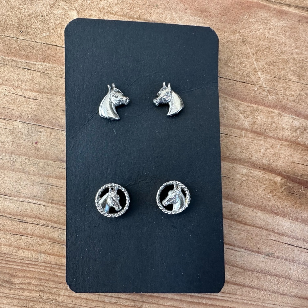 Silver Horse Stud Earrings Set